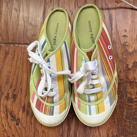 Tommy Girl by Tommy Hilfiger Sneaker Slides Canvas Striped Lace Up Size 8 - Picture 2 of 7